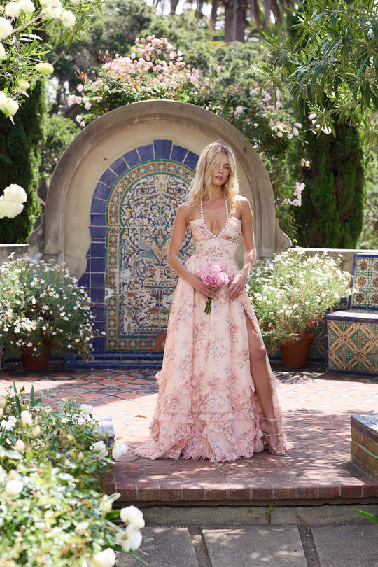 Liore | Pearl Trim Floral Maxi Dress