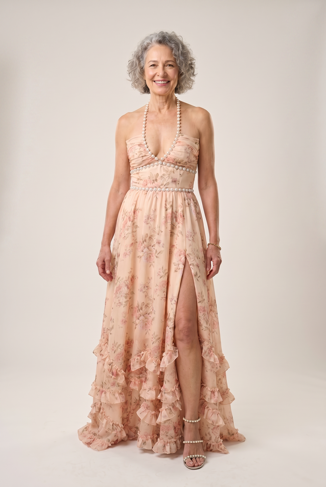 Liore | Pearl Trim Floral Maxi Dress